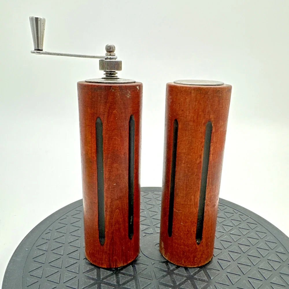 Vintage Mid-Century Modern Wood Cylinder Teak Salt & Pepper Grinder Shaker Set